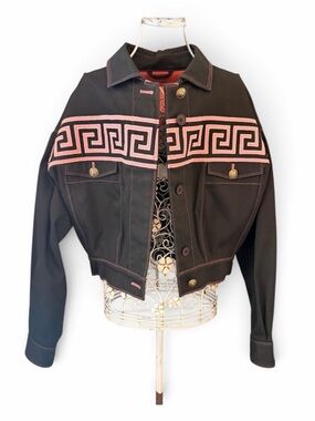 Versace Dark Denim Cropped Jacket w/ Pink Embroidered Signature Greek Key Design